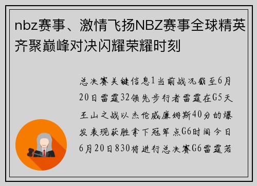 nbz赛事、激情飞扬NBZ赛事全球精英齐聚巅峰对决闪耀荣耀时刻
